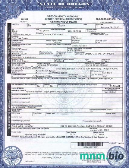 USA Oregon śmierć cert